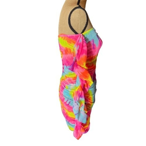 Bodycon Tie Dye Off Shoulder Mini Dress Size L Rainbow Mardi Gras - Picture 8 of 16